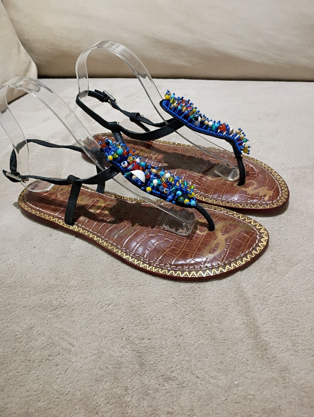 Sam Edelman Black T-Strap Sandals with Blue Multicolor Beadwork